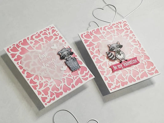Valentine's Card - Raccoon w Ink Blended Hearts Background