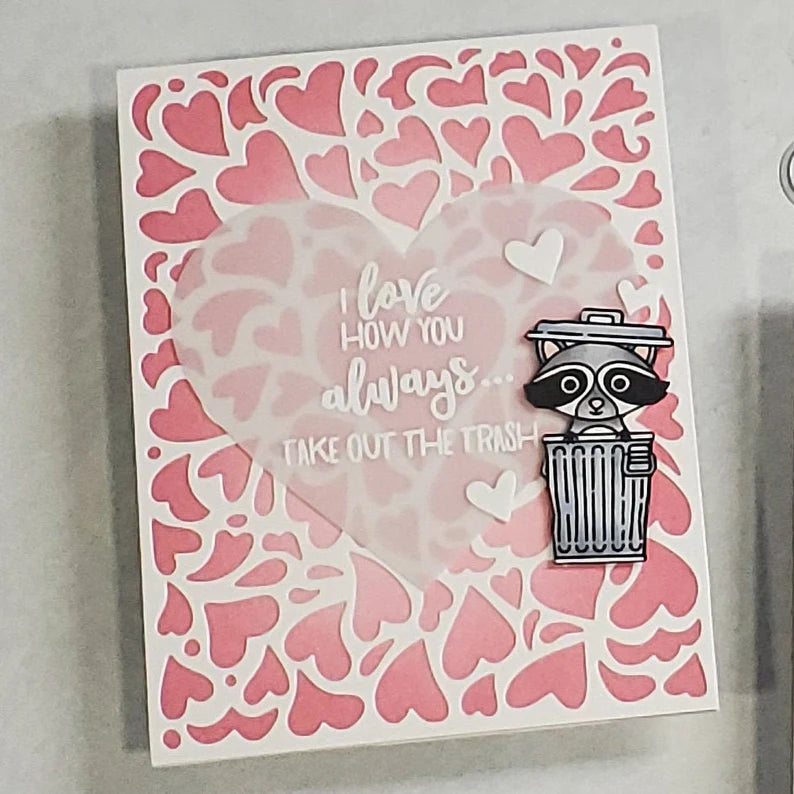 Valentine's Card - Raccoon w Ink Blended Hearts Background