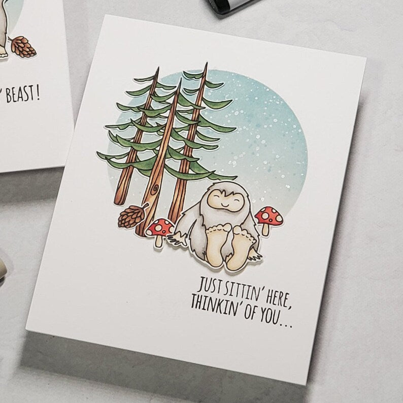 Congratulations and Thinking of You - Sasquatch with Ink Blended Background