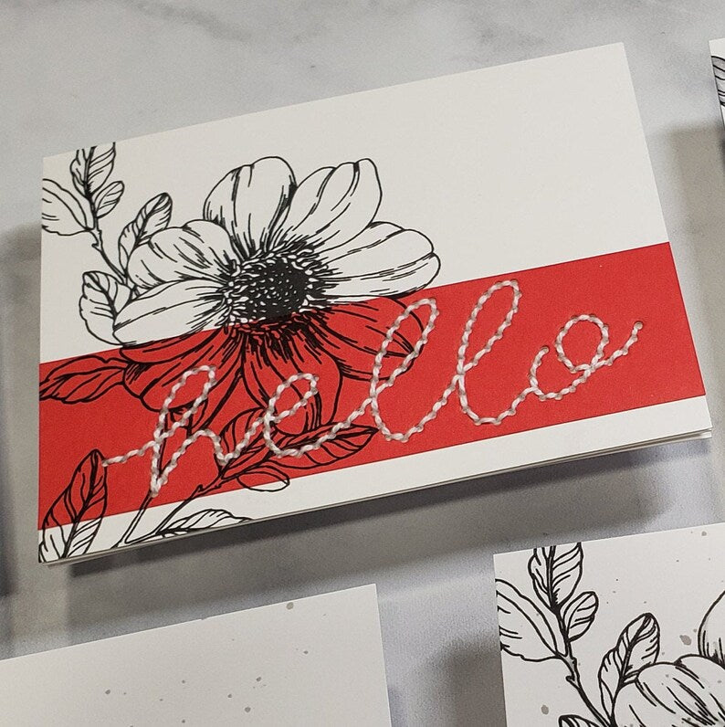 Hello Card - Hello Stitched Floral Graphics